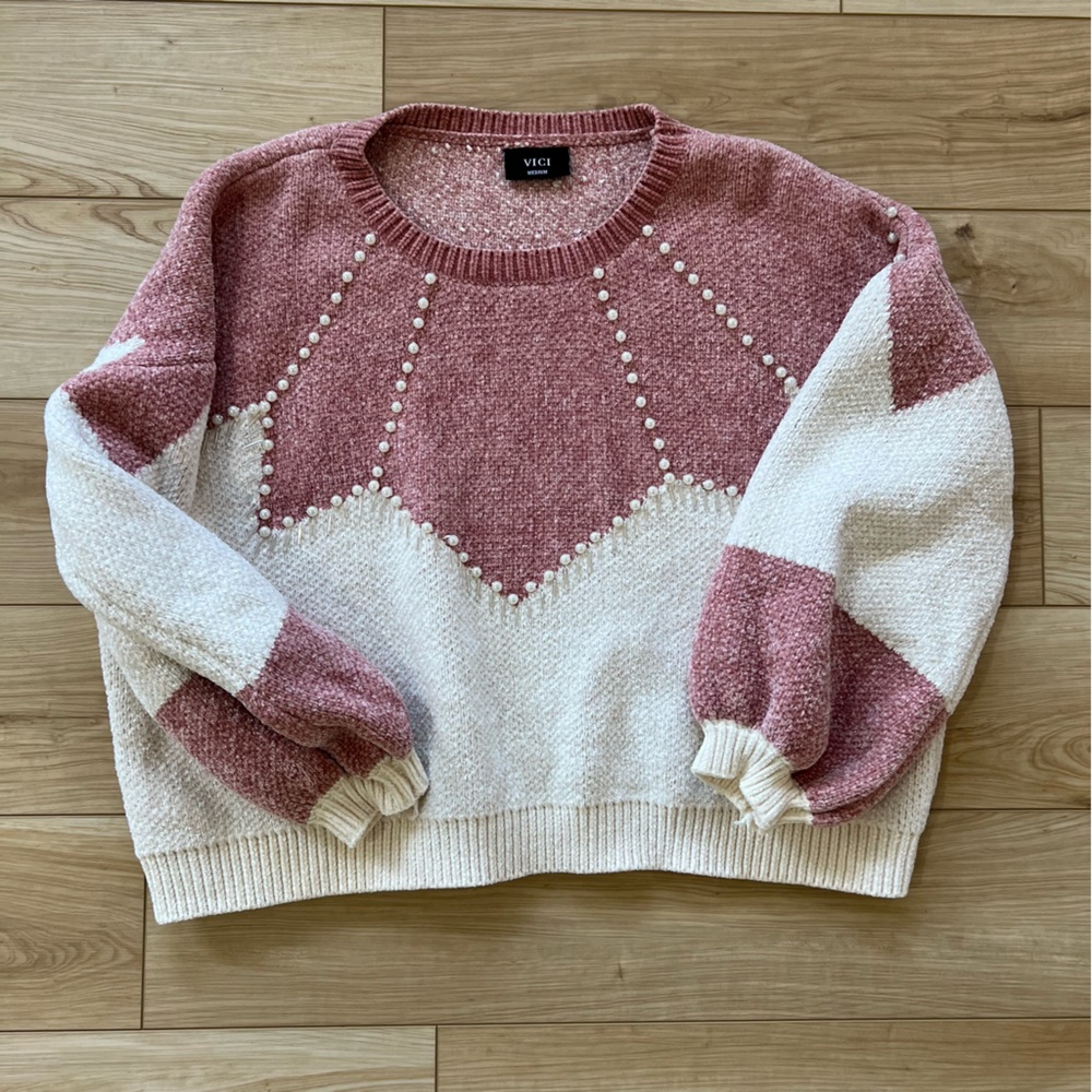 Beaded boucle chevron stripe sweater in mauve and cream